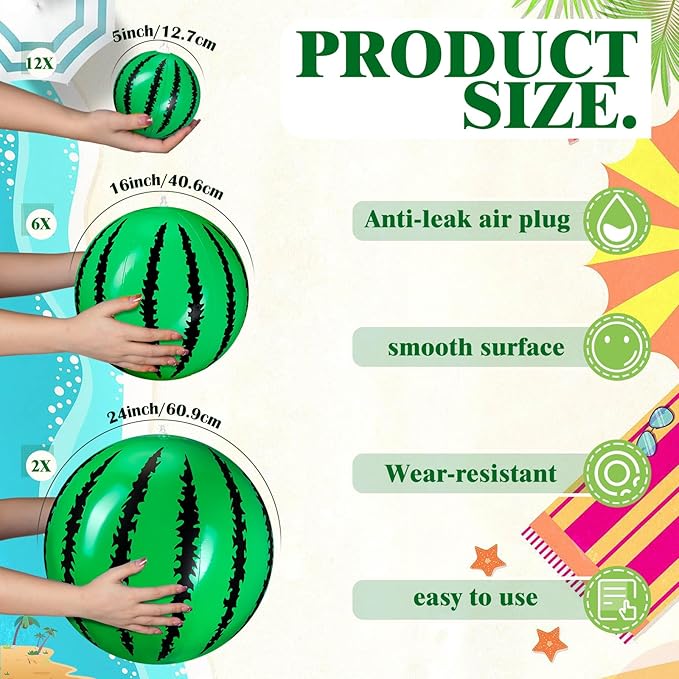 Sratte 20 Pcs Inflatable Beach Balls Bulk, Multiple Sizes Summer Swimming Pool Balls for Adults Hawaii Luau Party Supplies(Black, Green,Watermelon)