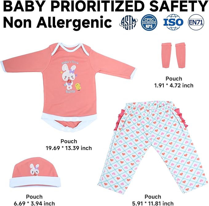 SCOM Reborn Baby Doll Clothes - 20 & 22 & 24 Inch 4 Pcs Doll Outfit Pink, Realistic Baby Bunny Clothing Set, Newborn Dolls Girl Onesies Gift