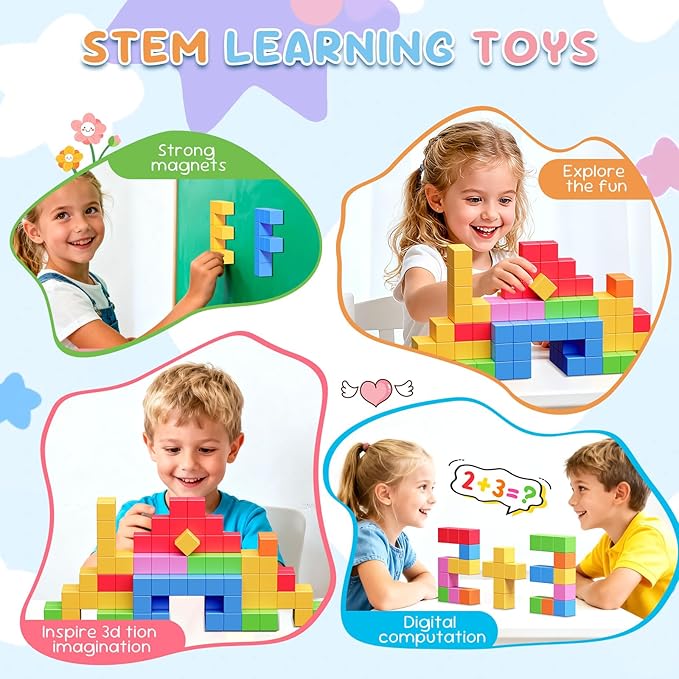 100pcs Magnetic Blocks, Gifts for 3 4 5 6 Year Old, Magnet Building Blocks for Toddlers, Preschool STEM Educational Sensory Montessori Square Toy for 4-8 Boys & Girls