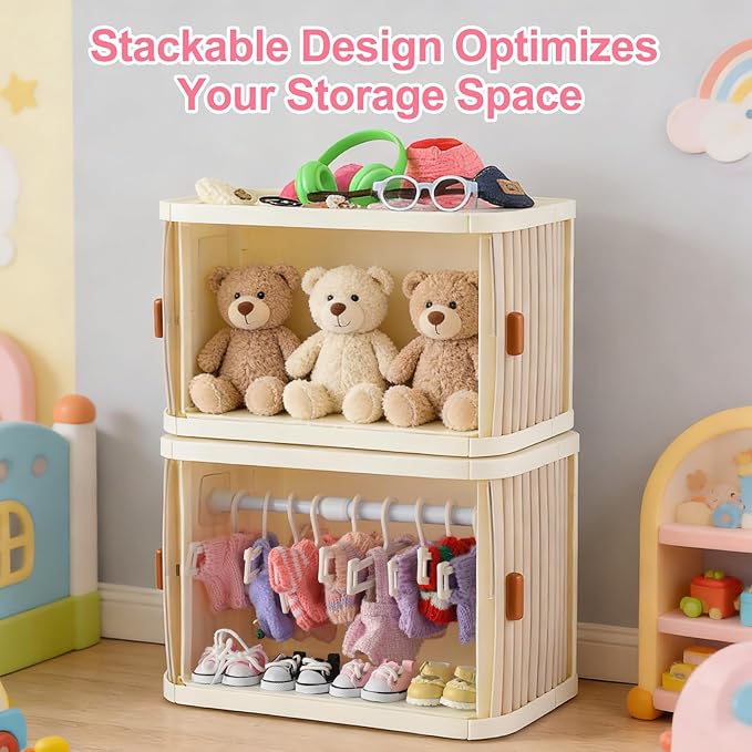 Foldable Doll Wardrobe Closet for Labubu Clothing - Double Sliding Door Stackable Storage Box for 4-7 Inch Doll Clothes, Large Capacity Doll Clothes Organizer with 10 Hangers & Rod (Gray)