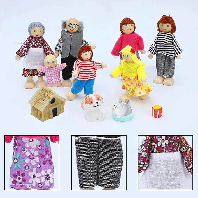 ONEST 18 Pieces Wooden Dollhouse Family Set Mini People Figures Dog Cat Sets Dollhouses Dolls Wooden Doll Family Pretend Play Figures Accessories for Pretend Dollhouse Toy