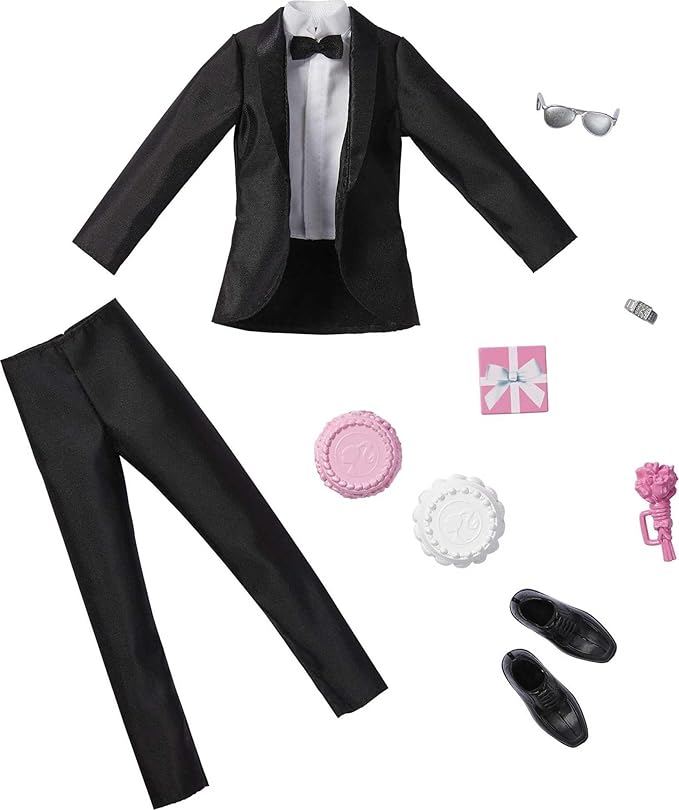 Barbie Fashion & Accessories Pack, Bridal Set with Groom Outfit for Ken Doll with Tuxedo, Shoes, Watch, Wedding Cake with Tray & Bouquet