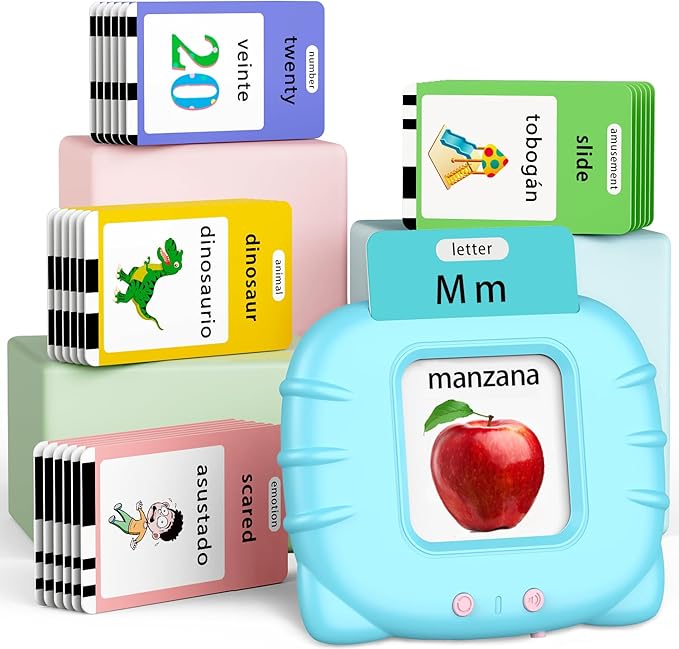 Eaever Spanish English Bilingual Learning Toys, ABC Talking Flash Cards with 520 Sight Words, Autism Pocket Speech Toys, Toddler Toys for 2 3 4 5 6 Year Old, Easter Present Birthday Gift, Blue