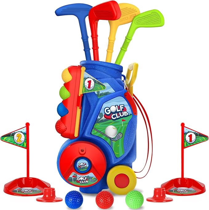 SUPER JOY Toddler Golf Set, Kids Golf Cart with 4 Clubs & 8 Balls, Indoor Outdoor Kid Golf Clubs for 3-5 Boys Girls, Mini Golf Birthday Gifts for Baby 3-5 Years Old