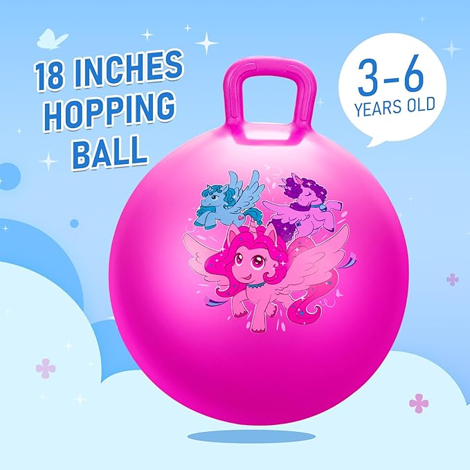 U&C Planet Hopper Ball 18 inches Bouncy Ball with Handle for Kids Age 3-6 Hoppity Hop Sit and Bounce Jumping Hopping Toy with Pump and Gift Box Great Gift for Easter Basket Stuffers, Pink