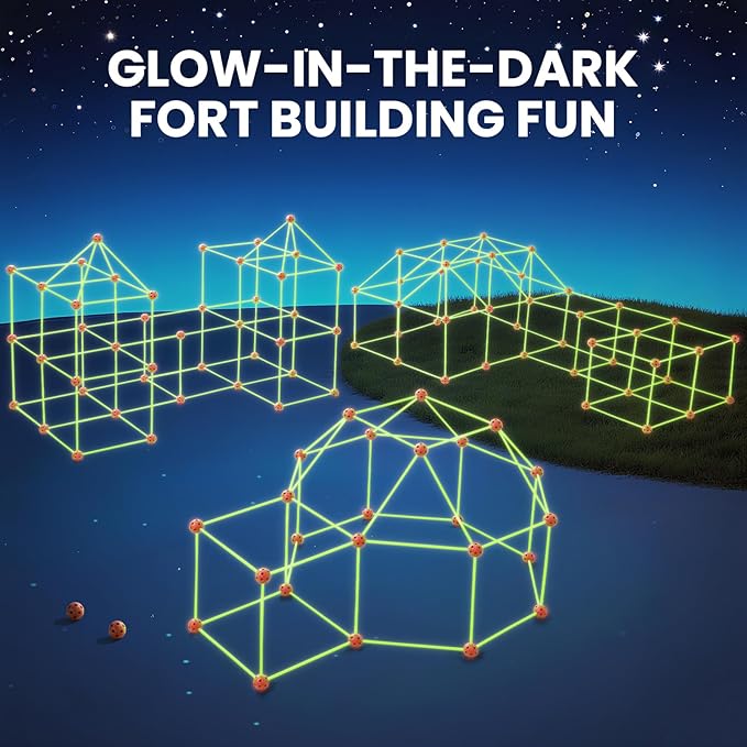 Tiny Land Glow Fort Building Kit for Kids Creative Fort Indoor & Outdoor Construction Toys with 86 Rods and 44 Balls for 5-12 Year Old Boys & Girls STEM Building Toy Gifts with Storage Bag