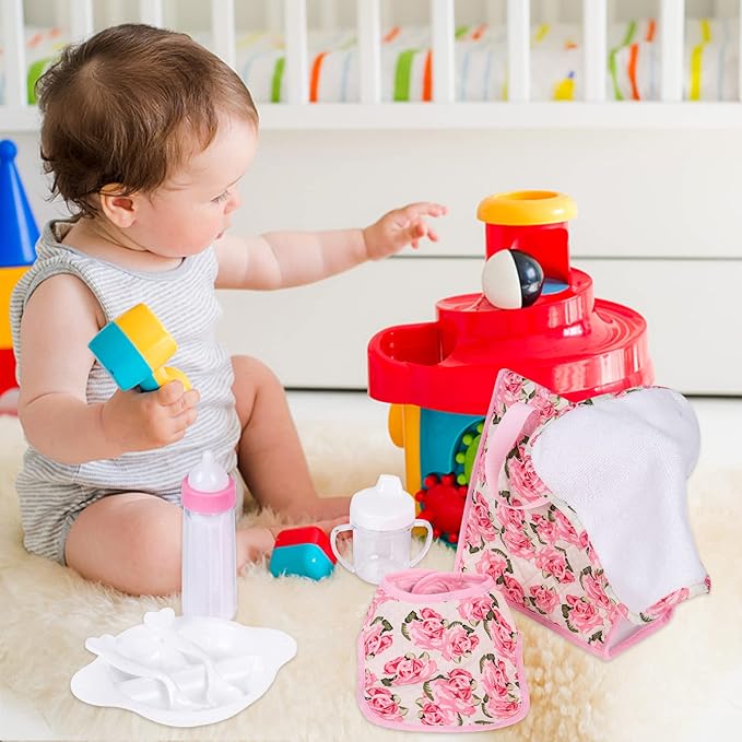 Rakki Dolli Feeding Set Nursery Bag Set for Dolls, Plate Together with Spoon, Fork, Milk Bottle, Juice Cup, Towel &Bib
