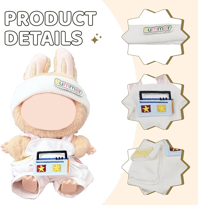 17cm Doll Clothes Set for Labubu – White Outfit with Headband & Overalls – Designer Clothes for 17cm Sitting or Standing Dolls (No Doll)