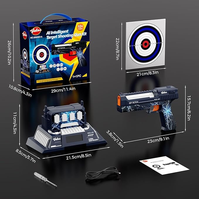 VATOS Smart Electronic Shooting Game Set, 2.4GHz Rechargeable Toy Gun with Auto-Scoring Target and Real-Time Voice Feedback, 4 Game Modes, Indoor and Outdoor Shooting Game Toy for Kids Age 10+, Teens