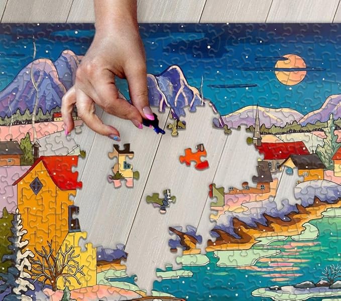 Springbok Moonlit Winter Village 500 Piece Puzzle for Adults - Peaceful Winter Puzzle Featuring a Cozy Snowy Village by a Moonlit Lake
