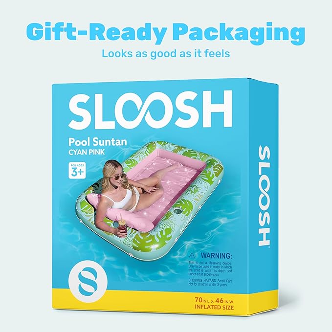 SLOOSH Inflatable Tanning Pool Lounger Float, 70" x 46" Pool Floats Adult with Pillow, 4 in 1 Suntan Tub Raft Floatie,Sunbathing Bed Lounge for Water Blow Up Kids Ball Pit Party Gifts, L-Cyan Pink