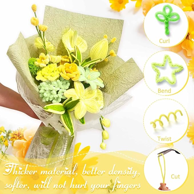 Peryiter 500 Pieces Pipe Cleaners Chenille Stems for Flowers Craft Supplies Bulk Fluffy Fuzzy Sticks for DIY Art Projects Creative Gift Wrapping Party Decorations(Yellow & Green Flower,12 Inch)