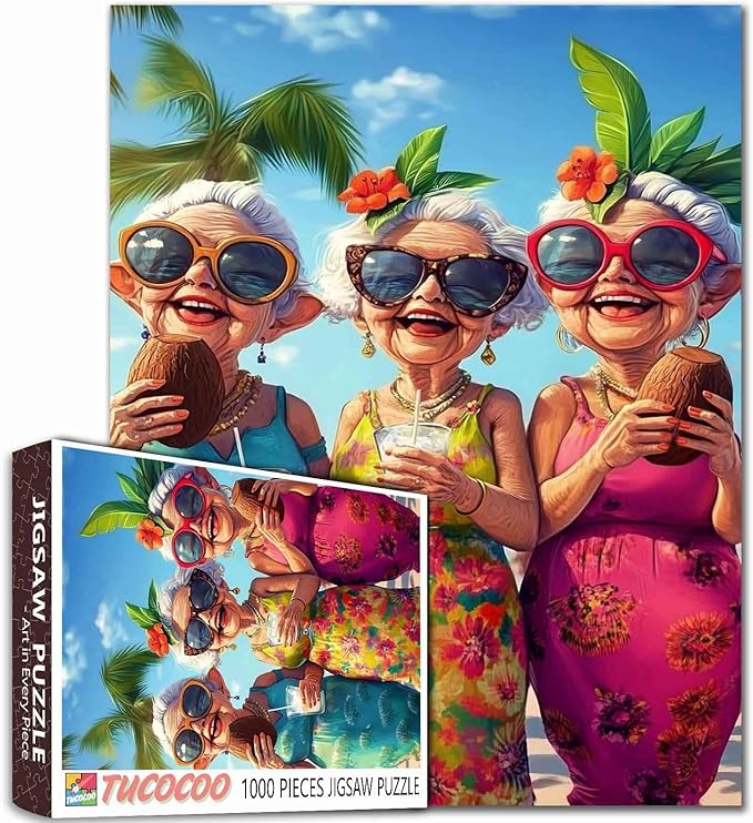 Grandmother Woman Wearing Sunglass 1000 Piece Jigsaw Puzzles for Adults grandma Friends Painting Jigsaw Puzzle Old Ladies 1000 Pieces Puzzles Game Home Wall Decor Elderly People DIY Puzzle Granny Gift