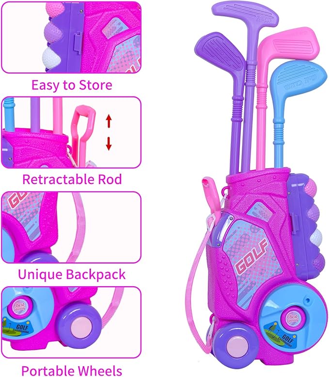 Nattork Toddler Golf Set with Putting Mat for Boys Girls Aged 1 2 3 Years Old, Upgraded Kids Golf Cart with 4 Clubs & 12 Balls, Outdoor Indoor Sports Toy Birthday Gift, Rose