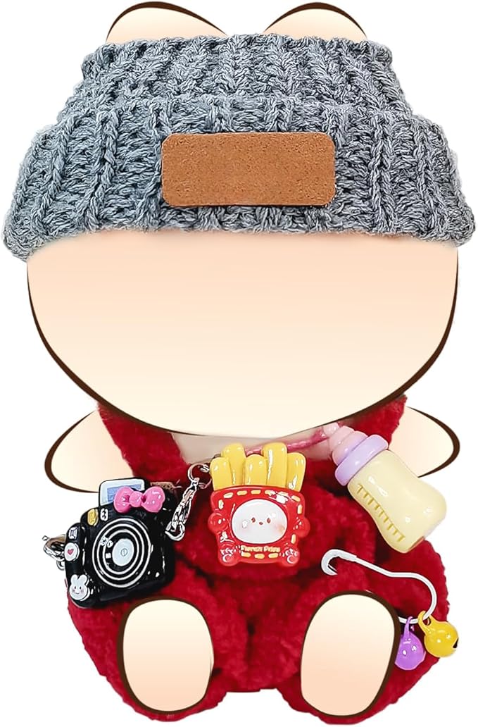 Doll Clothes for 17cm Dolls, Soft Knit Hat, Cozy Overalls, Camera, Bottle & Cute Accessories (No Doll) (Red)