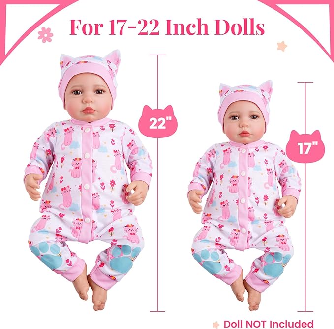 BABESIDE 2 Pcs Reborn Babys Doll Clothes for 17-22 Inch Baby Dolls, Pink Cat Pattern Reborn Baby Dolls Accessories Set with Hat, for Reborn Doll Girls Boys (Dolls not Included)