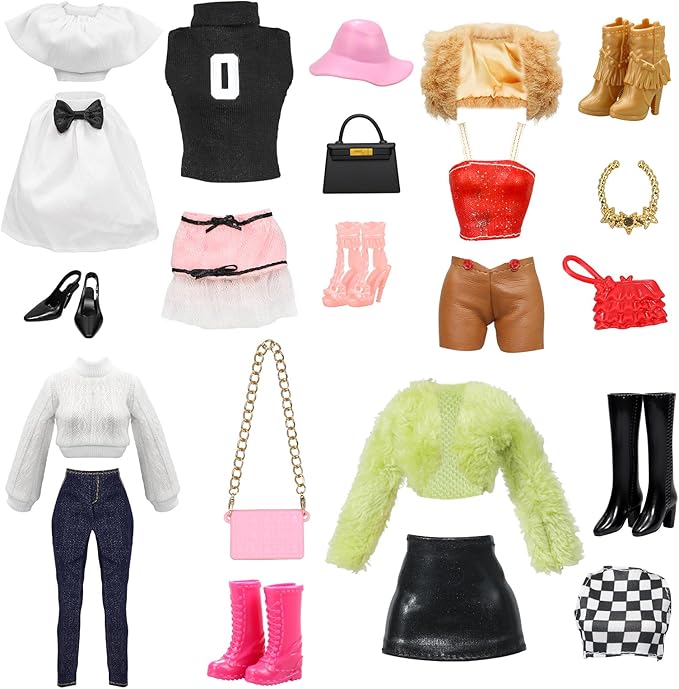11.5 Inch Doll Clothes Set - 5 Outfits Fashion Doll Clothing & Accessories, Casual Wear Dresses, Jeans, Tops, Skirts, Fur Coats, Bags, Hats, Boots for 11.5" Fashion Dolls, Gift for Girls(22)