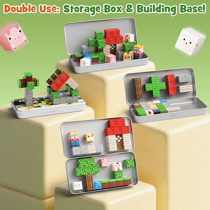 Mini Magnetic Blocks Farm Animals Travel Toys, 35PCS Portable STEM Magnetic Building Cubes with Metal Storage Box for Kids Ages 4-8, Road Trip & Airplane Essentials