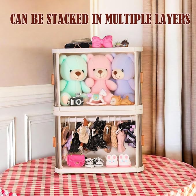 Foldable Doll Wardrobe Storage Box Compatible with Labubu Clothes with 10 Hangers & Rod - Stackable Organizer Cabinet for 15/17cm Doll Clothes with Dust-Resistant Cover and Display Shelf