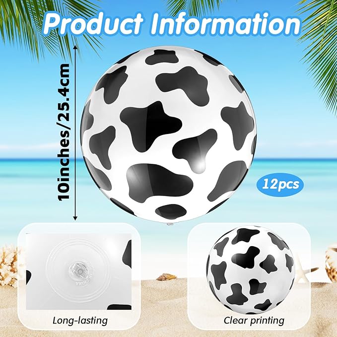 12 Pieces Inflatable Beach Ball Set - 10 Inch Cow Print Beach Balls for Theme Party Supplies Summer Pool Decor Cowgirl Cowboy Farm Animal Birthday Fun Party Favors