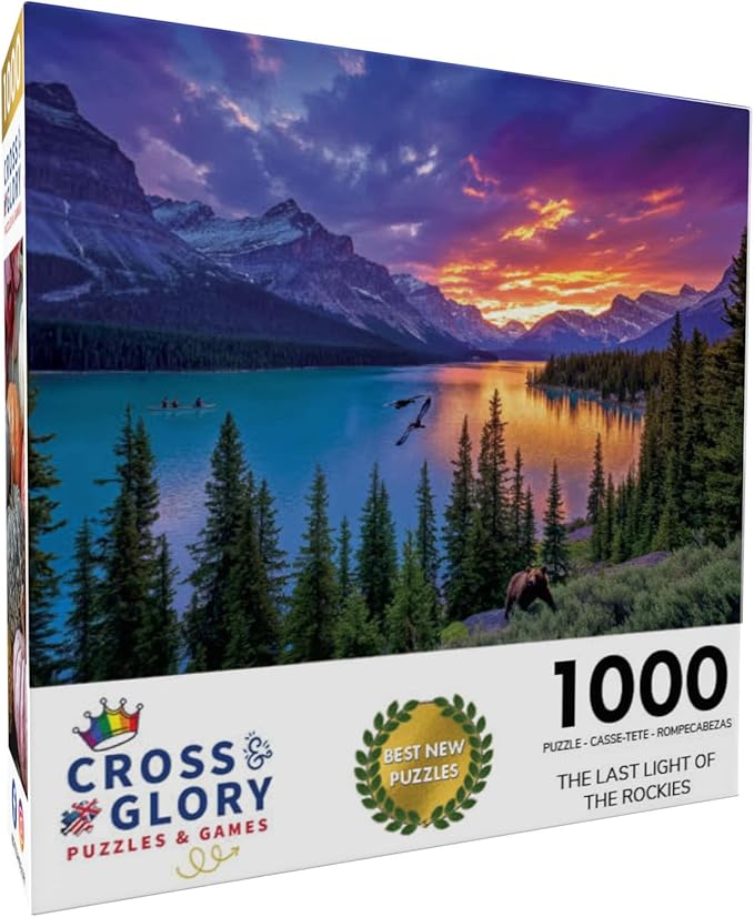 Cross & Glory – The Last Light of the Rockies – 1000 Piece Jigsaw Puzzle for Adults | Canadian Rockies Sunset Landscape with Mountains & Turquoise Lake | Epic Wilderness Puzzle