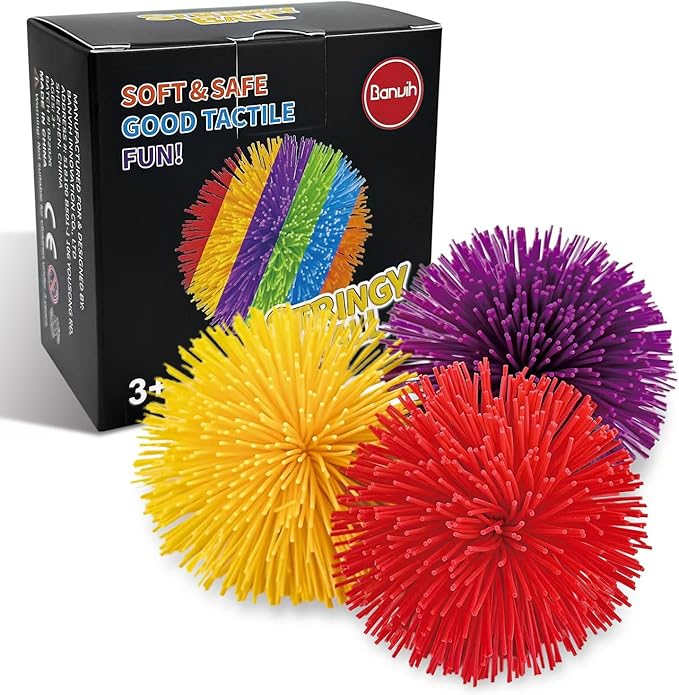 Easter Basket Stuffers for Kids – 3 Pack 3 Inch Stringy Balls, Soft Sensory Fidget & Stress Relief Toys for Boys & Girls, Egg Fillers, Party Favors, Classroom Prizes (Red Yellow Purple)