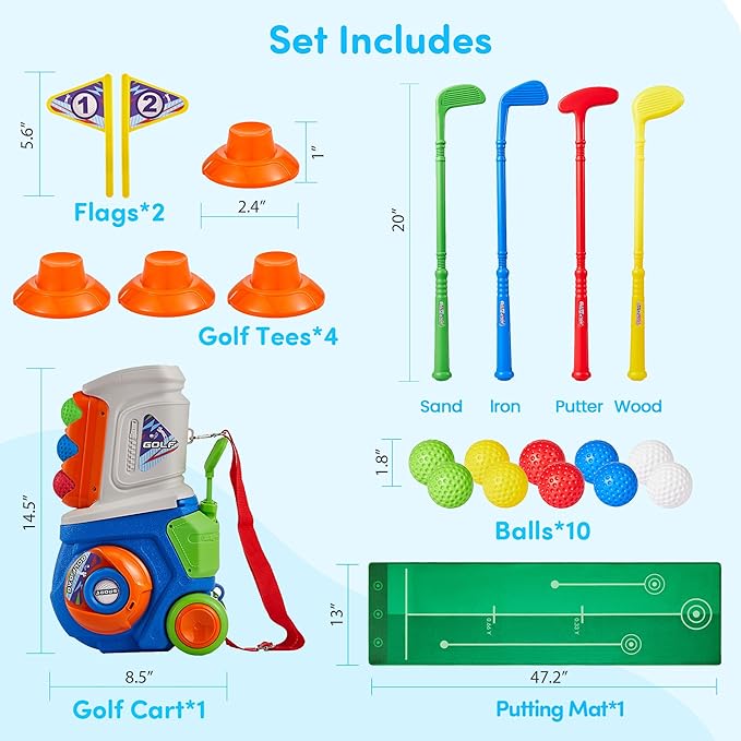 PJG Toddler Golf Set, Plastic Kids Golf Clubs Ages 1 2 3 4 5 Years Old with 4 Golf Clubs and 10 Balls, Indoor and Outdoor Golf Toys with Cart for Boys Girls Birthday Gift (Blue with mat)
