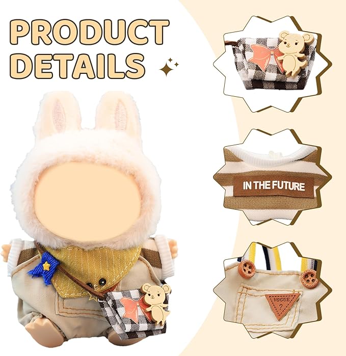 17cm Doll Clothes Set for Labubu – Green Outfit with Sweater, Overalls, Scarf & Backpack – Designer Clothes for 17cm Sitting or Standing Dolls (No Doll)