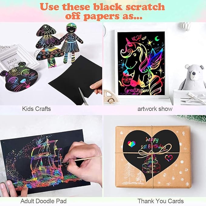Mocoosy 60 PCS Rainbow Scratch Art Paper for Kids, Magic Scratch Paper Set Art Craft Supplies, Black Scratch Sheets Party Game Activities Birthday Easter Gifts for Girls Boys 3 4 5 6 7 8 9 Years Old