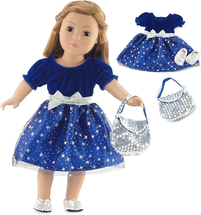 Emily Rose 18" Doll Holiday Dress Set - Midnight Star Sparkly Blue Party Dress with Silver Sequin Shoes & Purse - Premium Gift Boxed Outfit Compatible with American Girl & Most 18 Inch Dolls