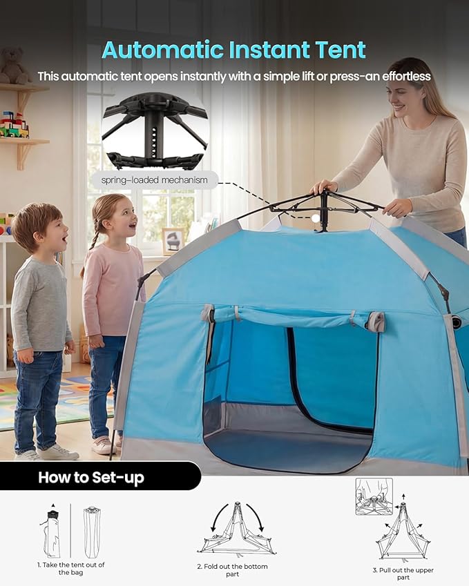 Easy Set Up Kids Playhouse with Nice LED Light Strip and 3 Large Opens,Portable Children Play Tent & Privacy Room for Indoor & Outdoor Games with Carry Bag-Free Space for Toddlers-Birthday Gifts