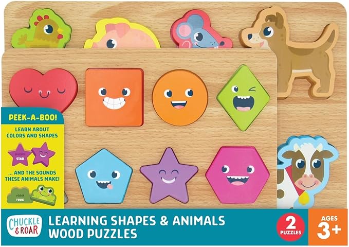 Chuckle & Roar - Jigsaw Wooden Puzzles Shapes and Animals 2 Pack - Preschool Puzzle for Toddlers Ages 3 Plus - Educational Puzzle Set for Fine Motor Skills and Screen Free Learning