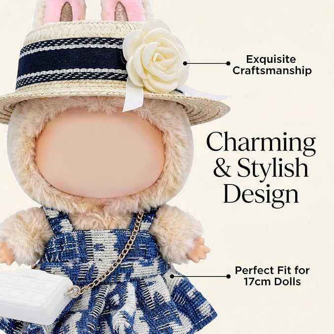 Clothes for 17cm Dolls, Luxury Chic Style Set High-End Fashion Outfit 3 Piece Set Including a Hat,Clothes and Bag with Premium Dolls Accessories for Play & Display (Blue) - No Logo