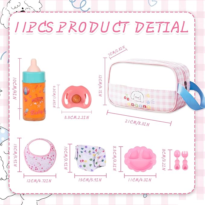 CARANOVO Baby Doll Accessories Set – 7 Pcs Feeding Bottle Toys, Magic Disappearing Milk & Juice, Pretend Play Set with Pacifiers, Reusable Bibs and Diapers, Kids Gift