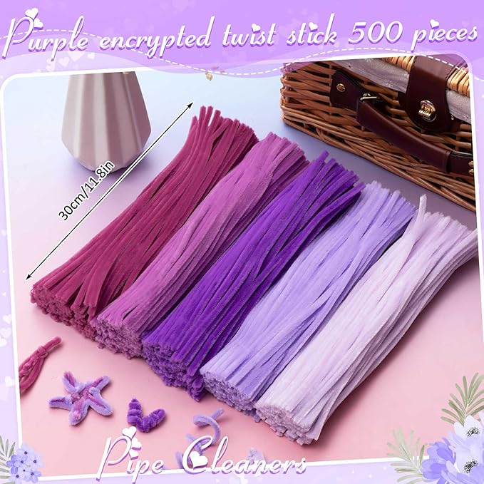 Peryiter 500 Pieces Pipe Cleaners Chenille Stems for Flowers Craft Supplies Bulk Fluffy Fuzzy Sticks for DIY Art Projects Creative Gift Wrapping Party Decorations(Light Purple,12 Inch)