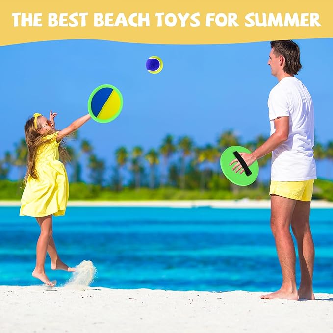 Outdoor Games - Beach Toys, Toss and Ball Set with 4 Paddles and 3 Balls, Perfect Yard Games Sets, Playground Sets for Backyards Easter Basket Stuffers for Kids/Adults/Family