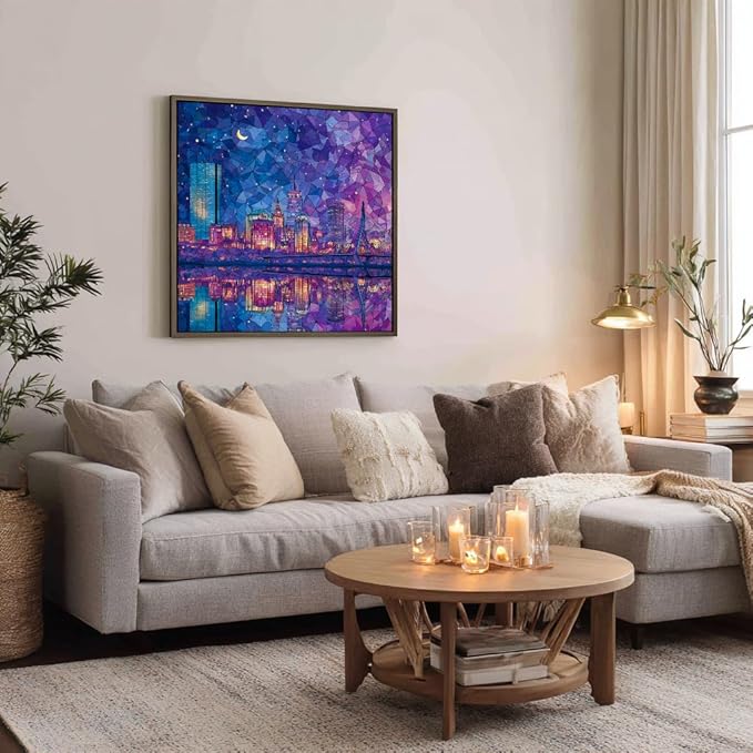 Bgraamiens 1000 Piece Jigsaw Puzzles for Adults – Boston Skyline at Night – Vibrant City Lights with Reflections – Challenging Urban Gift for Puzzle Lovers