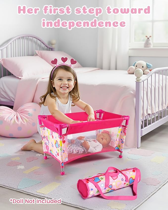 BABESIDE Baby Doll Crib for 18" Reborn Dolls,Baby Doll Bed with Storage Bag, Reborn Babydolls Accessories for Age 3+,Doll Crib Playpen for Kids Age 3+,Pink