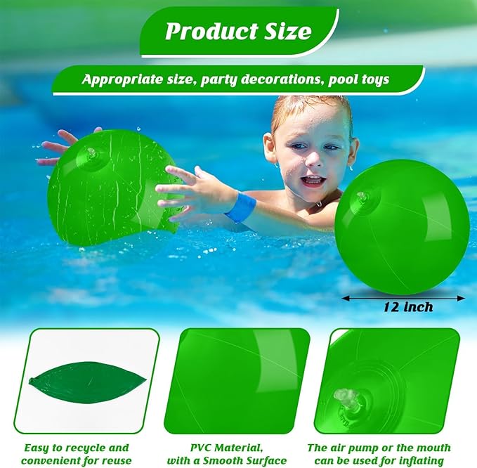 10 Pack Green Beach Ball - 12Inch Blow Up Beach Ball Party Supplies for Kids, Inflatable Floating Balls for Summer Pool Parties, Outdoor Activities & Birthday Decorations(Green)