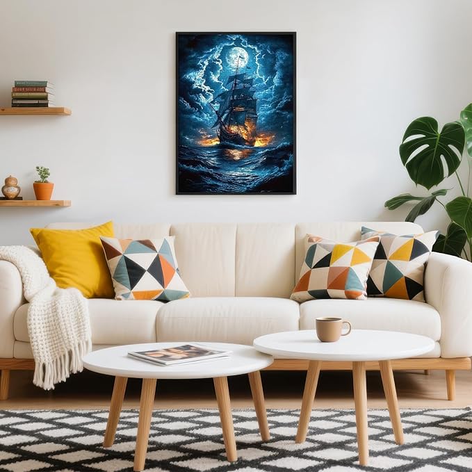 500 Piece Puzzles for Adults, Pirate Ship Night Sea Jigsaw Puzzle Full Moon Stormy Ocean Scene, Cardboard Puzzle with Letters on Back for Game Nights & Home Decor, 15×20 Inch