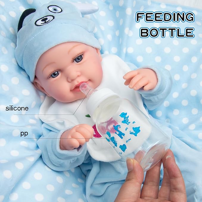 PEDOLLTREE Reborn Baby Dolls Clothes Boy Outfit Accessories Blue Puppy 9 Pcs Set for 17-20 Inch Reborn Doll Newborn Boy with Blue Dot Bassinet