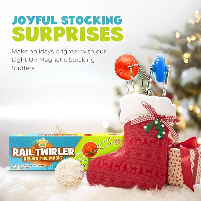Retro Magic Rail Twirler - 3 Pack - Light Up Magnetic Stocking Stuffers For Kids - Sensory Toy With Spinning Wheel and Flashing LEDs | Rail Twister Vintage Fidget Toy for Adults & Children | 3 Colors