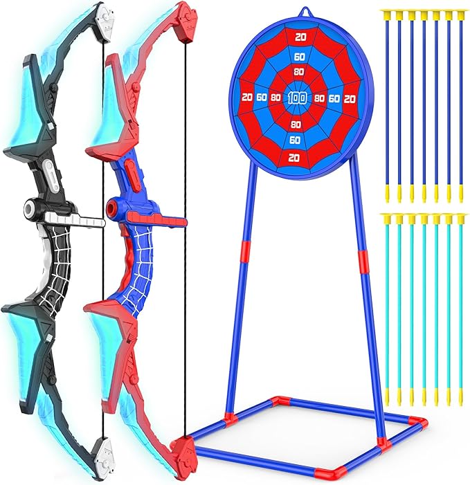 2 Pack of Kids Bow and Arrow Set, LED Light Up Archery Toy Set with 14 Suction Cup Arrows, Detachable Target, Indoor Outdoor Hunting Play Gift Toys for Kids, Boys & Girls Ages 6-12