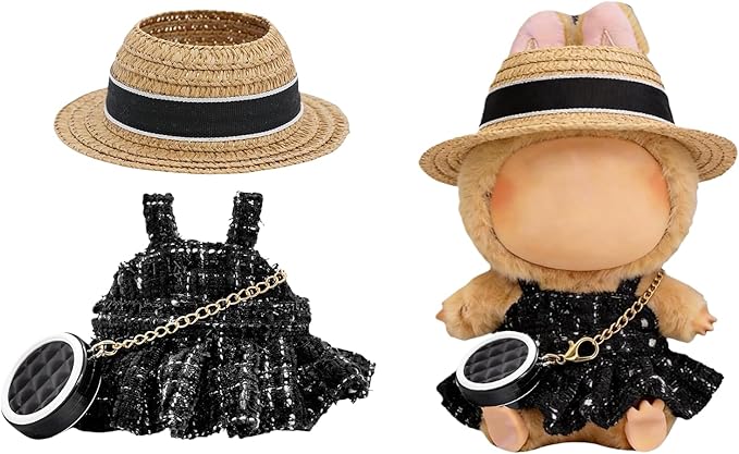 Doll Clothes for 17cm Dolls, Premium Handmade with Luxury Chic Style Set 3 Piece Set Including a Clothes, Black Bag and Straw Hat, - High-End Dolls Accessories for Play & Display for Play & Display