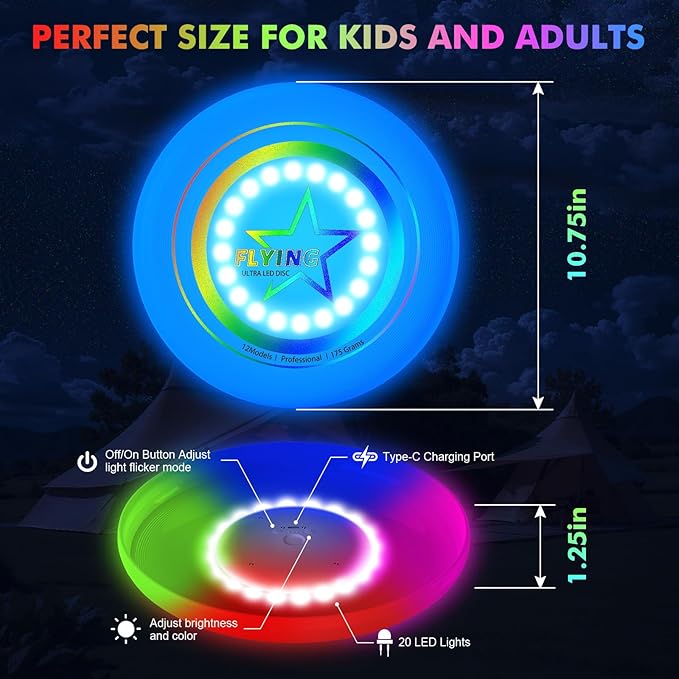 Light Up Flying Disc Toy Kids, Adults, Teens – 7 Glow in the Dark Modes, 22 Bright LEDs, Rechargeable, Outdoor Flying Sport Disc for Night Games, Family Fun, Beach, Park, Camping