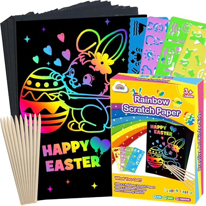 ZMLM Easter Arts Crafts Gifts for Kids: 100PCS Rainbow Scratch Paper Art Gifts for Girls Boys Ages 4-8 8-12, Easter Basket Stuffers for Kids Birthday Toys and Games Activities Gift (Yellow)