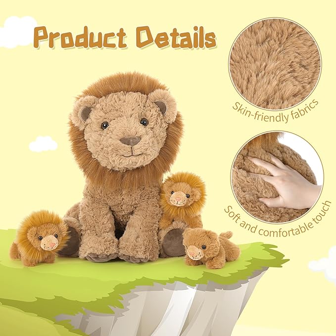 Tezituor 4 Piece Lion Plush Set,18 Inch Large Lion Stuffed Animals with 3 Cute Little Babies, Soft Cuddle Lion Plushies, Lions Stuffy Boys Girls Birthday Valentines Forest Party Decor
