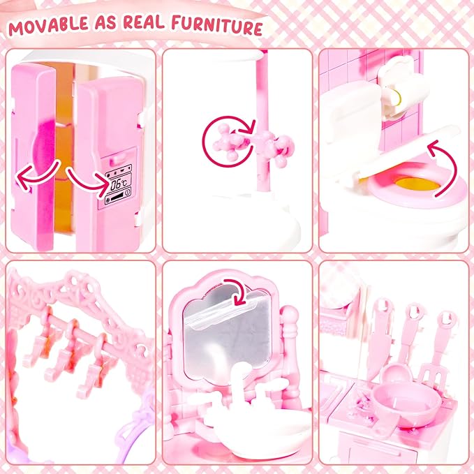 92 Pcs Miniature Furniture Set Accessories Mini Furniture Plastic Bedroom Living Room Bathroom Kitchen Kit Small Pink House for Birthday Gift