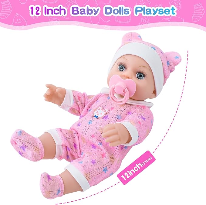 BDDOLL 12" Baby Doll in Gift Box with Pink Backpack, Cloths, Feeding Bottle and Pacifier, First Baby Dolls for Toddlers 3 Years and Up