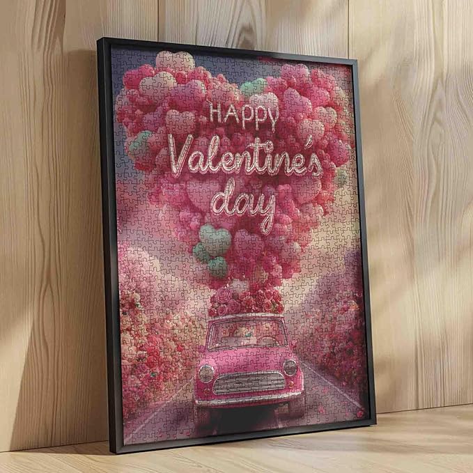 Valentines Puzzles 1000 Pieces Jigsaw Puzzle for Adults, Heart Balloons Decorate Car Puzzle Challenging with Poster - Fun Adult Puzzle Game for Game Night (27"x20")